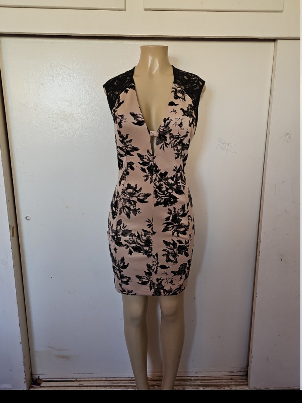 Mystic Blush Pink & Black Floral Lace Mini Dress